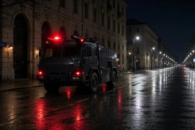 Illustrazione editoriale di mezzo idrante della polizia su strada urbana di notte a Torino; non è una fotografia documentaria.