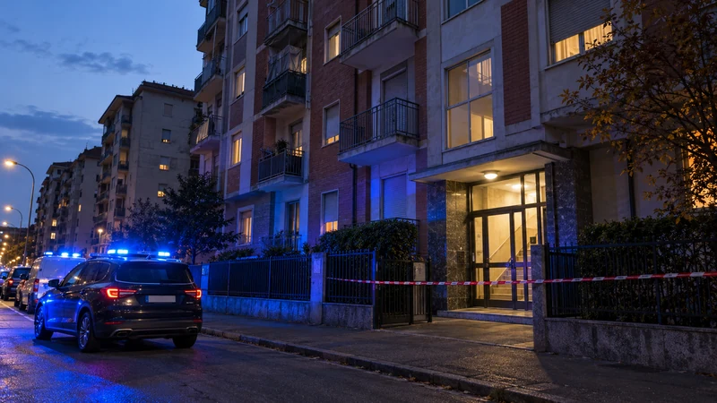 Illustrazione editoriale IA di un condominio torinese con ingresso delimitato e riflessi di lampeggianti, senza persone; nessuna ricostruzione della violenza.