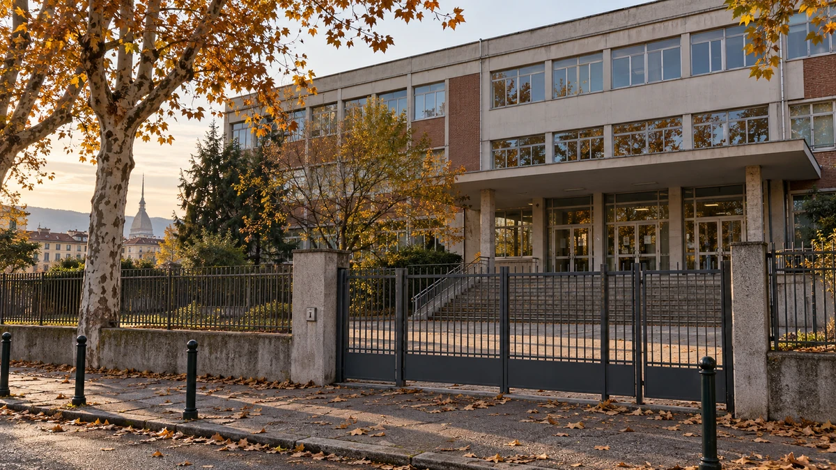 Illustrazione editoriale IA dell’esterno vuoto di una scuola torinese; nessuna ricostruzione.