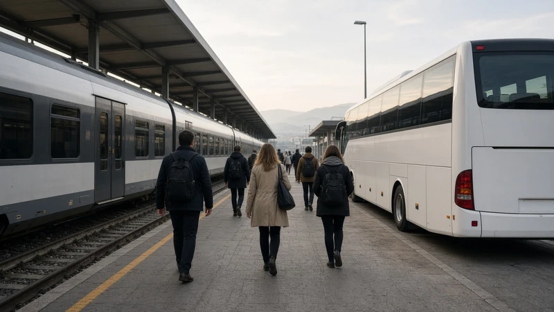Illustrazione editoriale di treno e autobus sostitutivo su una linea ferroviaria italiana.