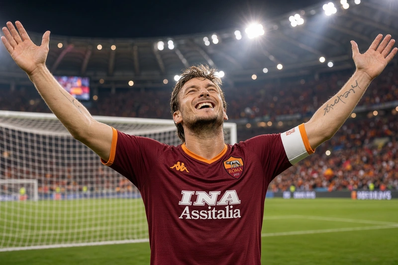 Sosia di Francesco Totti in maglia Roma con loghi, braccia alzate; illustrazione editoriale IA non documentaria.