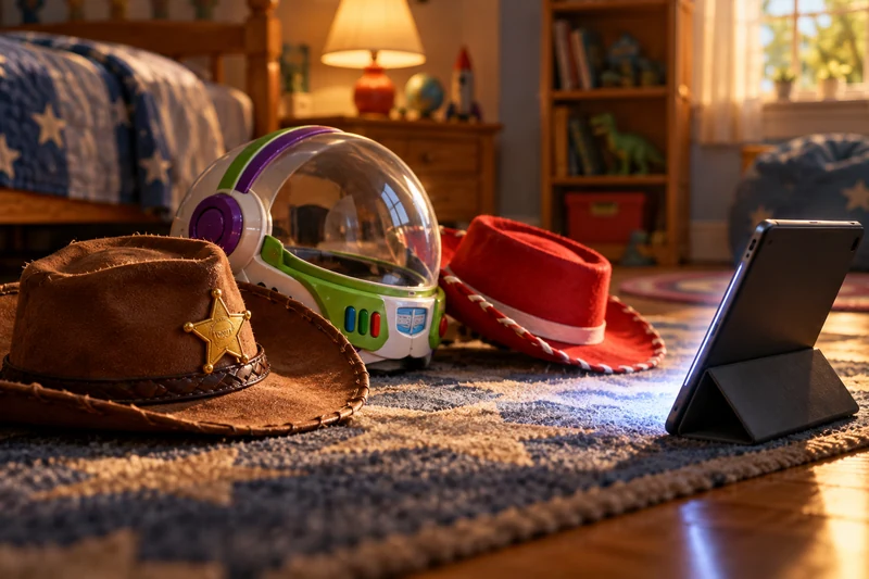 Cappelli da cowboy e casco da ranger spaziale davanti a un tablet in una cameretta; illustrazione editoriale IA non documentaria.