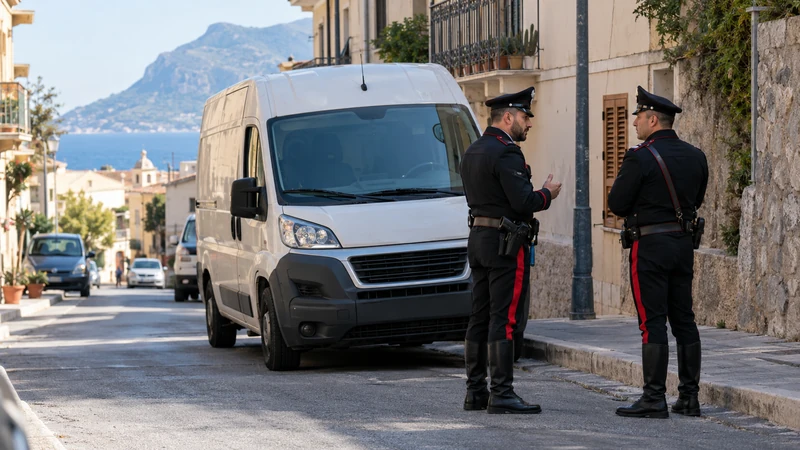 Illustrazione editoriale IA di un veicolo dei Carabinieri in una strada di Trabia, senza persone o scene violente; immagine non documentaria.