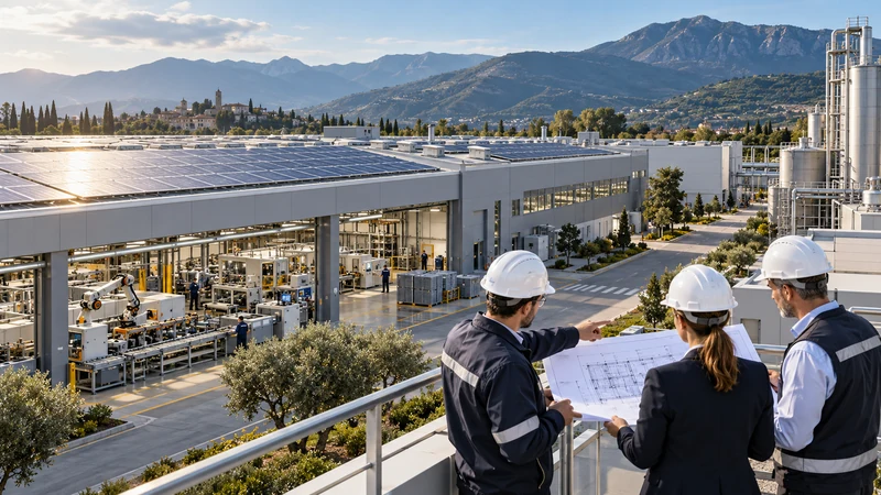 Illustrazione editoriale IA di tecnici in una fabbrica italiana efficiente con pannelli solari; scena non documentaria.