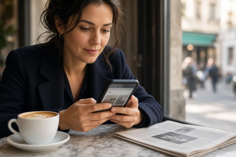 Illustrazione editoriale IA di persona che consulta notizie sullo smartphone; scena non documentaria.