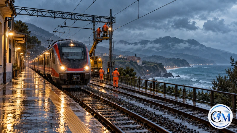 Ricostruzione editoriale IA ultrarealistica di tecnici su una linea ferroviaria costiera sotto la pioggia; non è una foto dell'evento.
