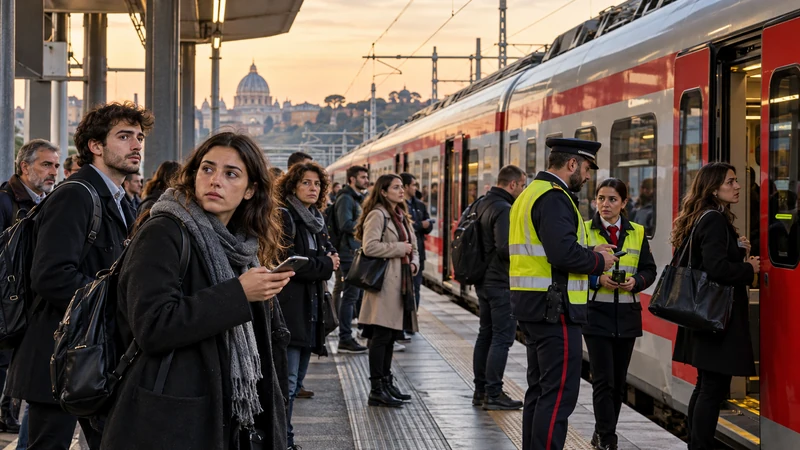 Illustrazione editoriale IA di pendolari e personale ferroviario accanto a un treno regionale nell’area di Roma; non documenta una corsa specifica.