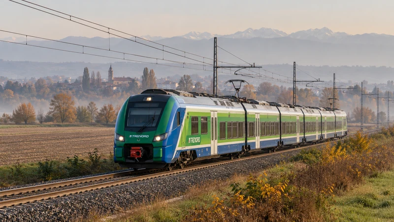 Illustrazione editoriale IA di pendolari e un treno regionale sulla linea Piacenza-Milano; scena non documentaria.