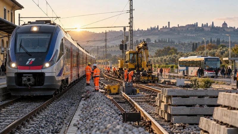 Illustrazione editoriale IA ultrarealistica dei lavori ferroviari tra Pisa ed Empoli con treno e bus sostitutivo; scena non documentaria.