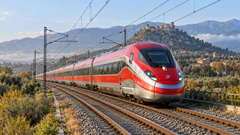 Illustrazione editoriale IA di un Frecciarossa 1000 nel contesto ferroviario fra Lazio e Campania; non documenta il passaggio del 9304.