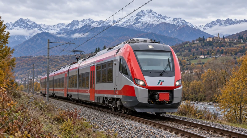Illustrazione editoriale IA di un treno regionale piemontese in una stazione tra Torino e Cuneo; scena non documentaria.