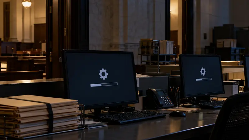 Ufficio amministrativo di un tribunale statunitense con terminali fuori servizio, illustrazione editoriale IA non documentaria.