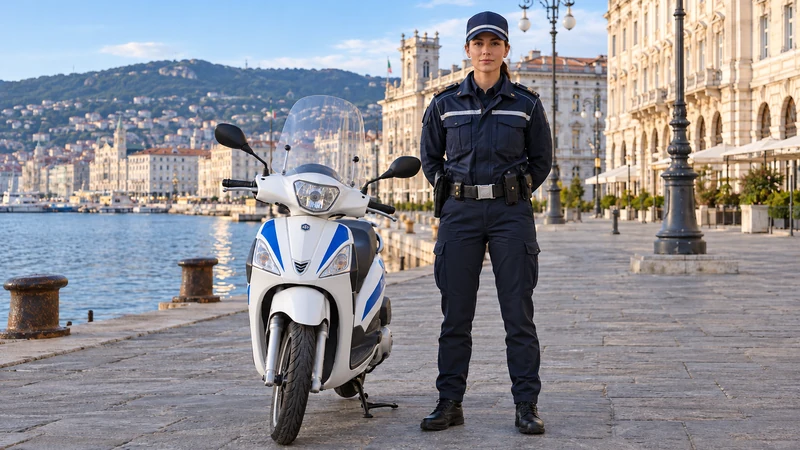 Illustrazione editoriale IA di un agente e uno scooter Piaggio Liberty nel contesto urbano di Trieste; non documenta un intervento.