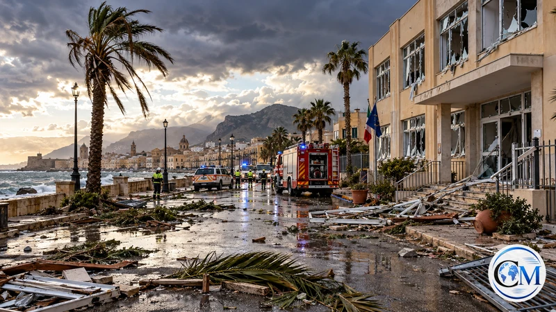 Ricostruzione editoriale IA ultrarealistica dei danni del maltempo sulla costa del Trapanese; non è una foto dell'evento.