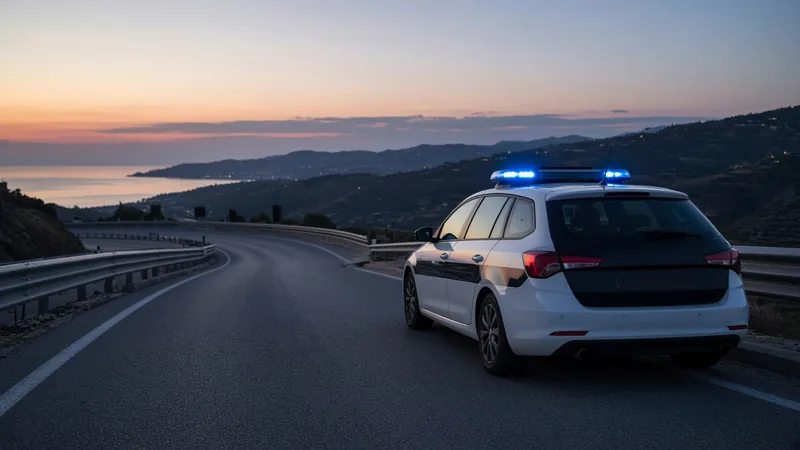 Illustrazione editoriale IA di auto della Polizia di Stato su rampa autostradale al tramonto senza targa; non documentaria.