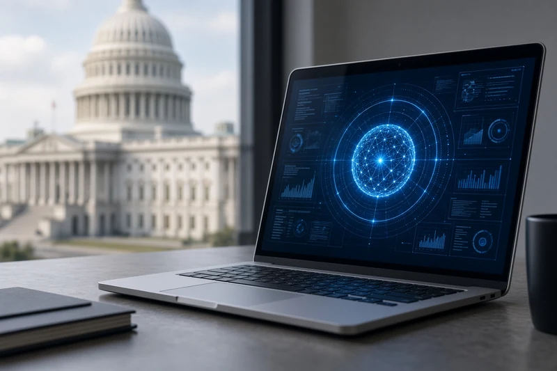 Laptop con interfaccia AI e Campidoglio USA sullo sfondo; illustrazione editoriale IA.