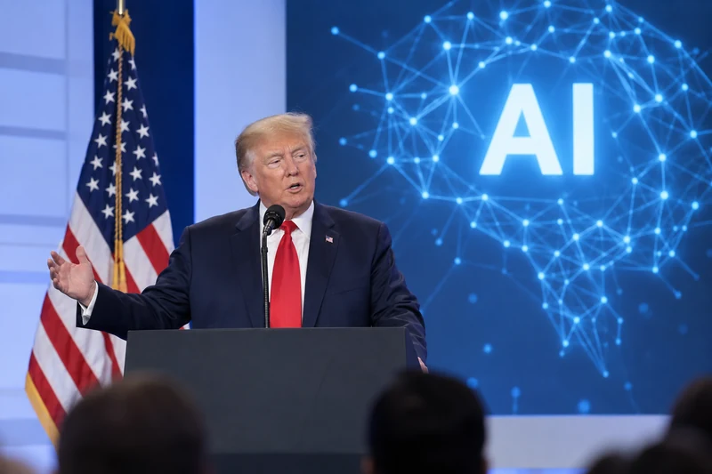 Illustrazione editoriale generata con IA: Donald Trump parla a un evento tecnologico davanti a una bandiera statunitense e a uno schermo con la scritta AI; non è una fotografia documentaria.