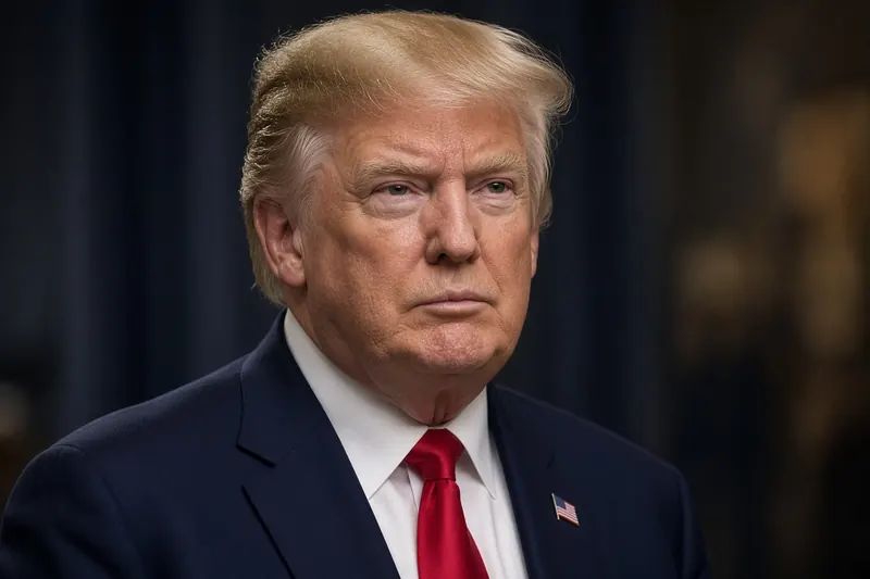 Illustrazione editoriale generata con IA: ritratto di Donald Trump in abito scuro; non è una fotografia documentaria.