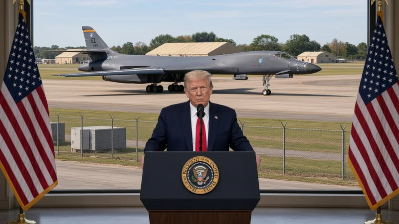 Illustrazione editoriale IA di Donald Trump al podio con bombardiere B-1 sullo sfondo; non documentaria.