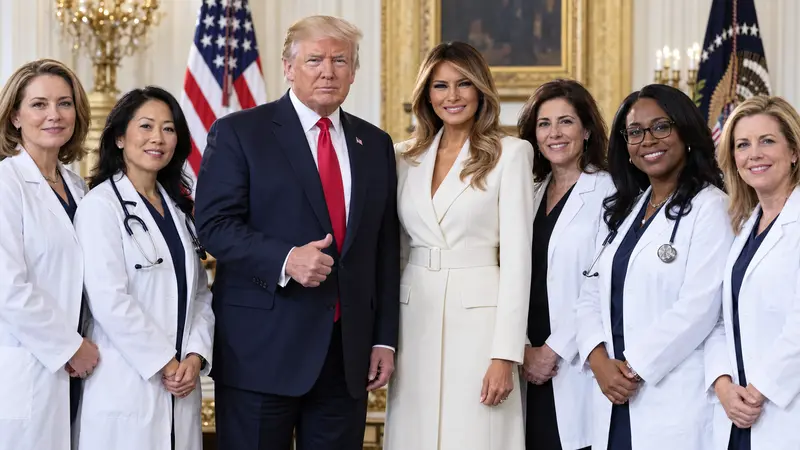 Illustrazione editoriale IA di Donald e Melania Trump con ricercatrici e medici durante una presentazione sulla salute femminile.