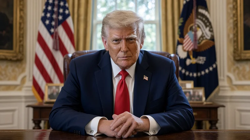 Ritratto editoriale neutrale. Illustrazione editoriale IA di Donald Trump nello Studio Ovale, espressione seria; non documentaria.