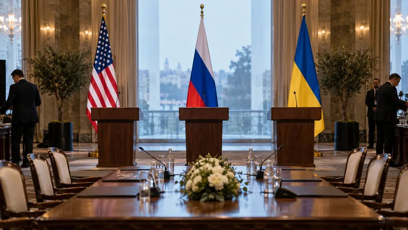 Tre leggii vuoti con bandiere di Stati Uniti, Russia e Ucraina in una sala diplomatica, immagine editoriale IA