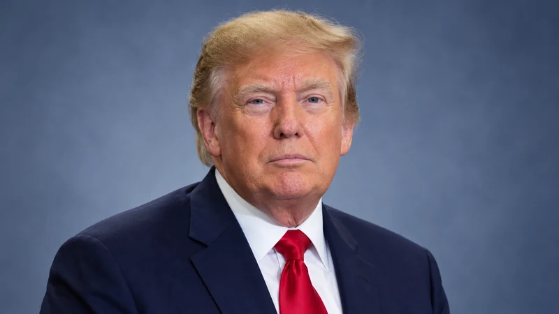 Ritratto editoriale neutrale di Donald Trump generato con IA, su sfondo semplice; somiglianza sintetica non documentaria.