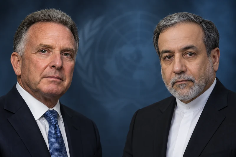 Ritratto editoriale neutrale e isolato di Steve Witkoff e Abbas Araghchi; somiglianze sintetiche non documentarie.