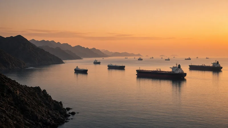 Petroliere in attesa all'alba nello Stretto di Hormuz, acqua calma e montagne sullo sfondo, senza azioni militari.