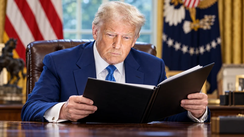 Illustrazione editoriale IA di Donald Trump mentre esamina un fascicolo in ufficio; non mostra la firma dell’ordine reale.