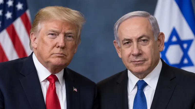 Illustrazione editoriale IA in stile fotografia istituzionale di Donald Trump e Benjamin Netanyahu affiancati; non documenta un incontro reale.