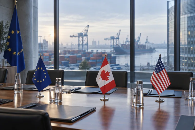 Illustrazione editoriale IA di un tavolo negoziale con bandiere di Unione europea, Canada e Stati Uniti davanti a un porto commerciale; non documentaria.
