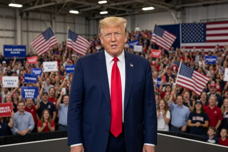 Illustrazione editoriale IA di Donald Trump in comizio con bandiere USA: somiglianza sintetica non documentaria.