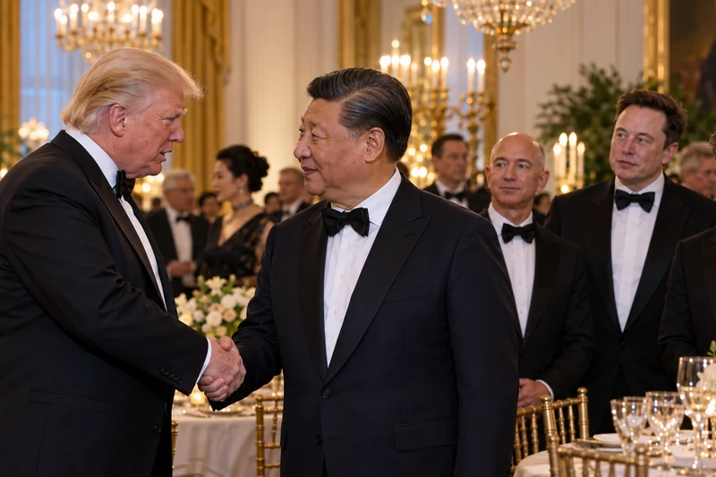 Illustrazione editoriale di Donald Trump e Xi Jinping a una cena formale con dirigenti tecnologici statunitensi