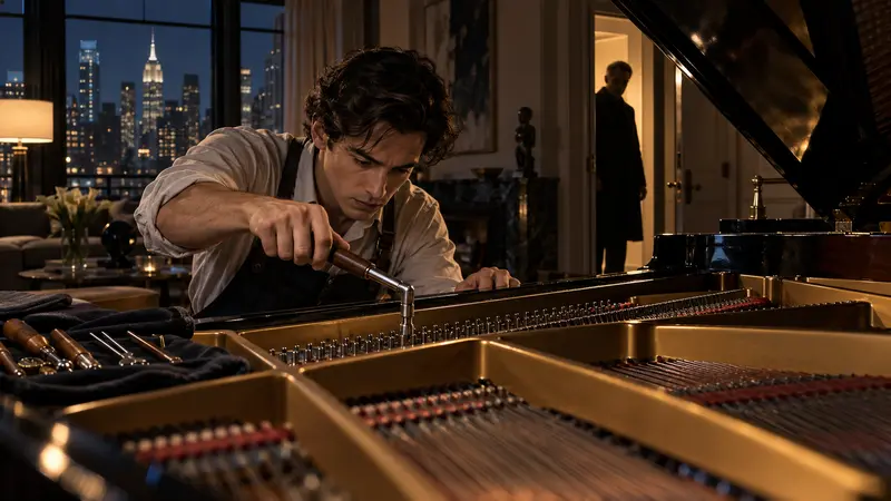 Un giovane accordatore davanti alle corde di un pianoforte, illustrazione editoriale IA non documentaria.