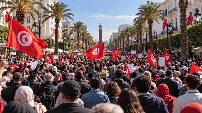 Scena editoriale IA di una grande marcia civica pacifica sull’Avenue Habib Bourguiba a Tunisi con bandiere tunisine.