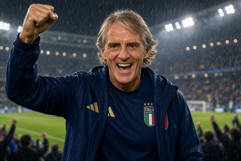 Roberto Mancini esulta sotto la pioggia in maglia azzurra FIGC dopo Italia 4-1 sulla Turchia; illustrazione editoriale IA non documentaria.