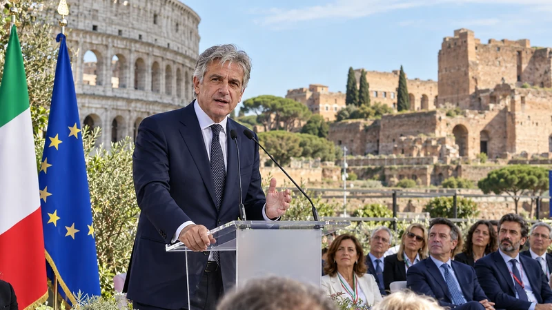 Il ministro del Turismo Gianmarco Mazzi interviene a un forum a Roma, illustrazione editoriale IA non documentaria.