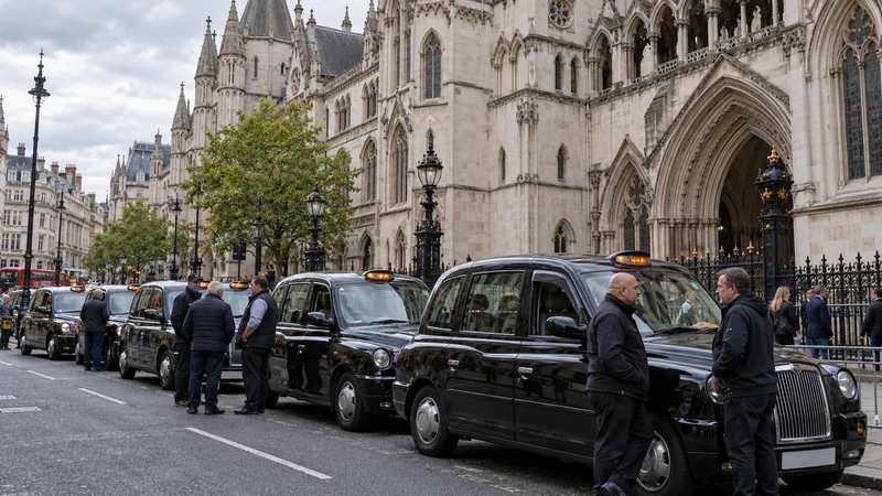 Illustrazione editoriale IA di taxi neri londinesi davanti alla Royal Courts of Justice.