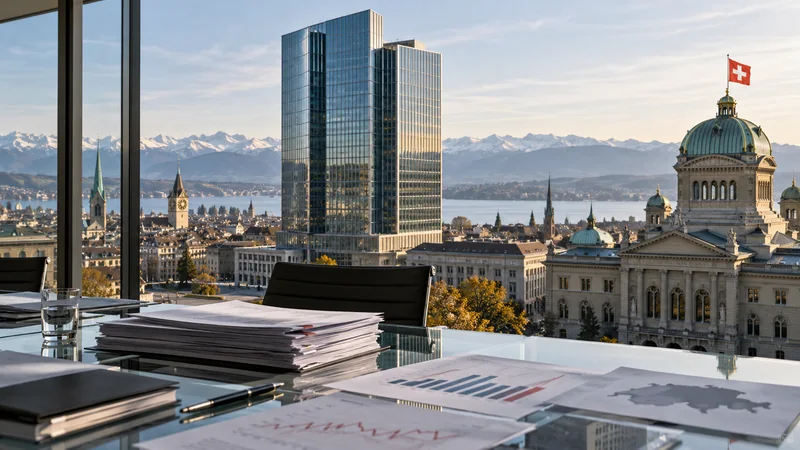 Illustrazione editoriale IA del distretto finanziario di Zurigo e di documenti sulla regolamentazione bancaria.