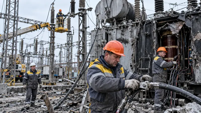 Illustrazione editoriale IA di tecnici che riparano una sottostazione elettrica ucraina danneggiata, senza vittime visibili.