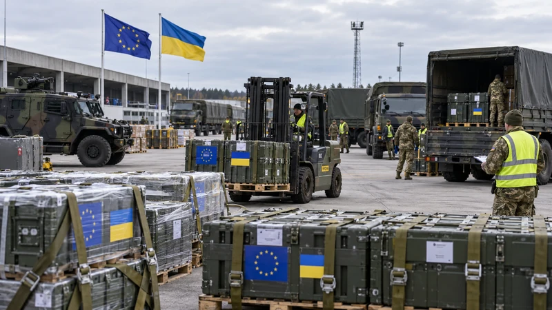 Illustrazione editoriale IA di rappresentanti europei riuniti davanti alle bandiere dell’Unione europea e dell’Ucraina; scena non documentaria.