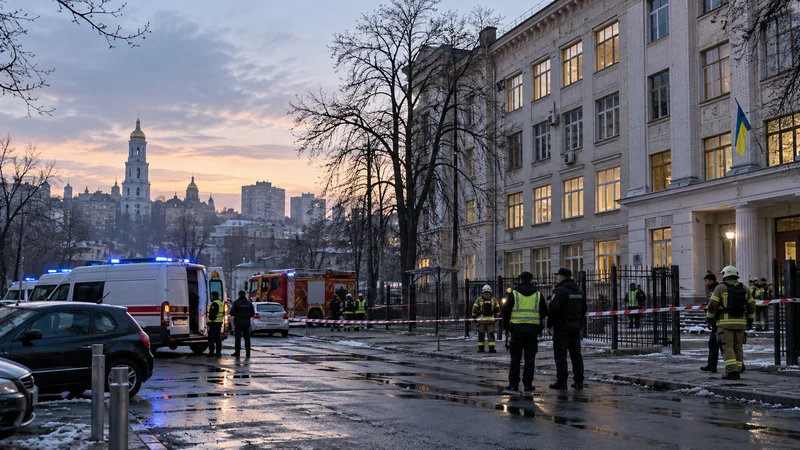 Servizi di emergenza davanti a un edificio scolastico di Kharkiv nelle prime ore del mattino