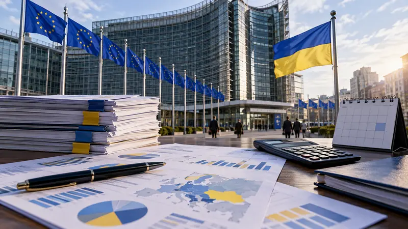 Illustrazione editoriale IA della facciata della Commissione europea; i dossier non sono leggibili e la scena non è documentaria.