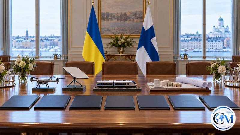 Illustrazione editoriale IA ultrarealistica di un tavolo diplomatico con bandiere ucraina e finlandese e sette cartelle; scena non documentaria.