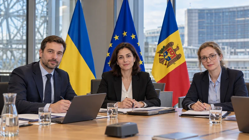 Illustrazione editoriale IA di un tavolo tecnico europeo con le bandiere Ue, ucraina e moldova; non documenta una firma o una riunione reale.