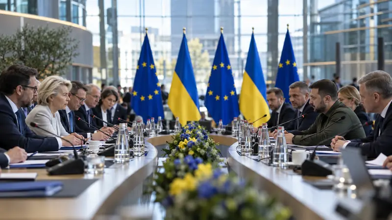 Illustrazione editoriale IA di un tavolo negoziale con bandiere europea e ucraine; scena non documentaria.