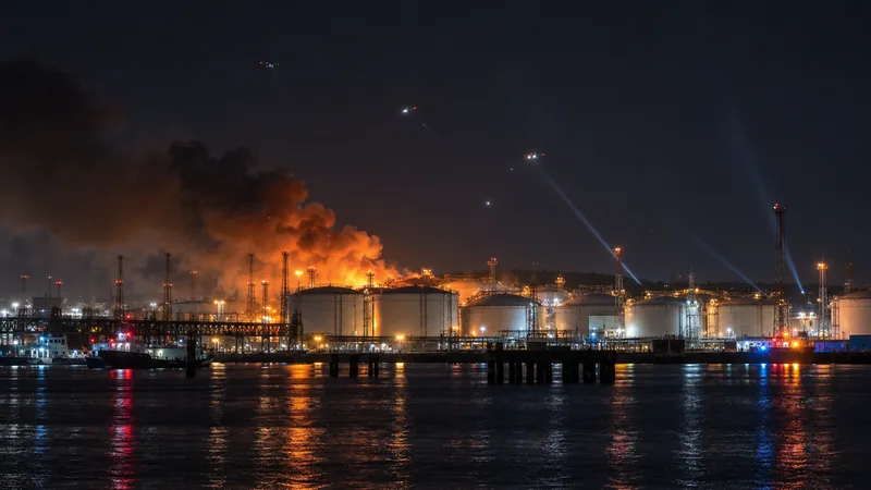 Illustrazione editoriale IA di un terminale petrolifero russo durante un attacco notturno con droni, visto da distanza e senza vittime.