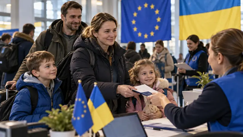 Illustrazione editoriale IA di una famiglia in un centro servizi europeo con un operatore; nessun documento leggibile, scena non documentaria.