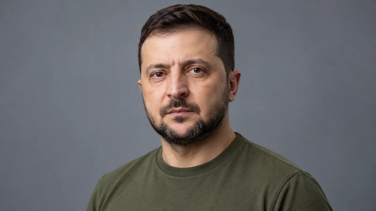 Ritratto editoriale neutrale e isolato di Volodymyr Zelenskyy; somiglianza sintetica IA.